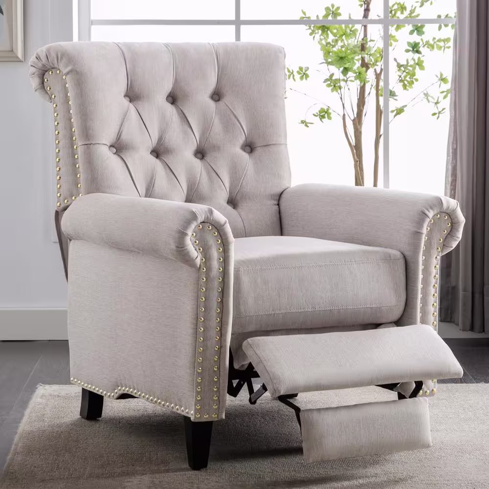None Tan Linen Tufted Push Back Recliner Chair Living Room Chair, Single Sofa Accent Recliner with Nailheads Roll Arm