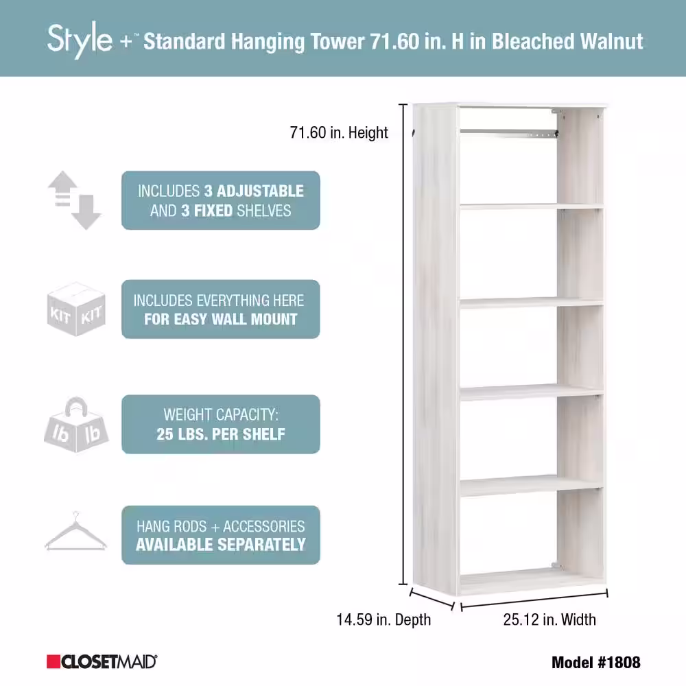 ClosetMaid Style+ 25 in. W Bleached Walnut Hanging Wood Closet Tower