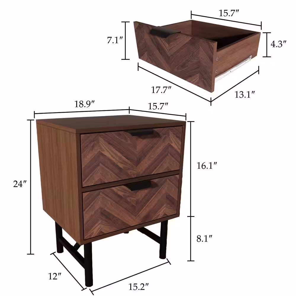 FUFU&GAGA 2-Drawer Brown Wood Nightstand With Metal Legs, Side Table Bedside Table 24 in. H x 18.9 in. W x 15.7 in. D