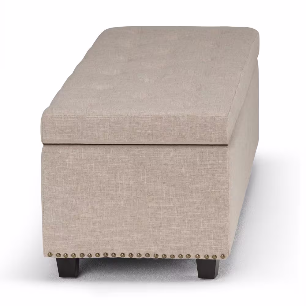Simpli Home Hamilton 48 in. Wide Transitional Rectangle Storage Ottoman in Natural Linen Look Fabric