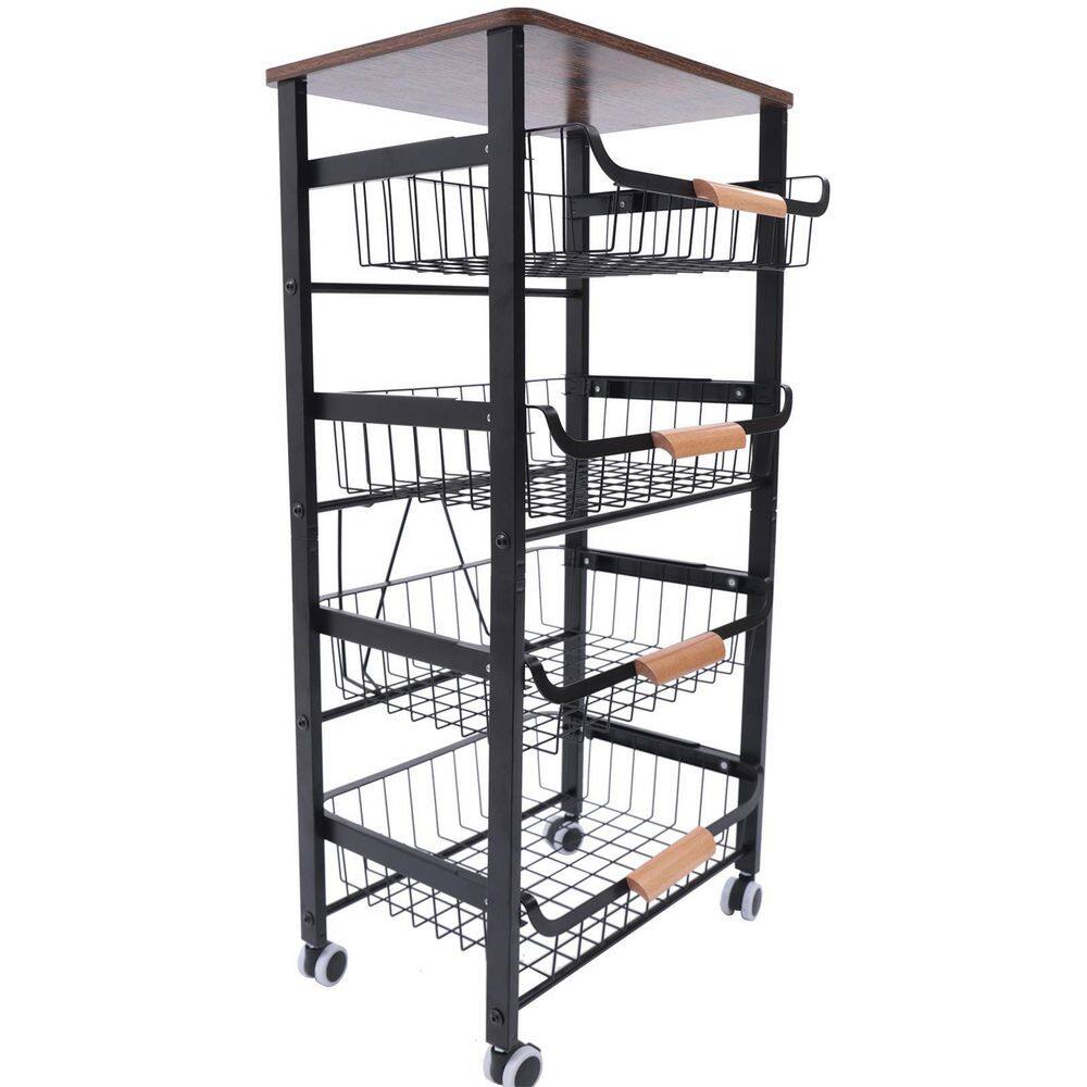 None Black Rolling 4-Tier Metal Shlving Unit Storage Cart with Baskets 11 in. W x 35.8 in. H x 16.9 in. D