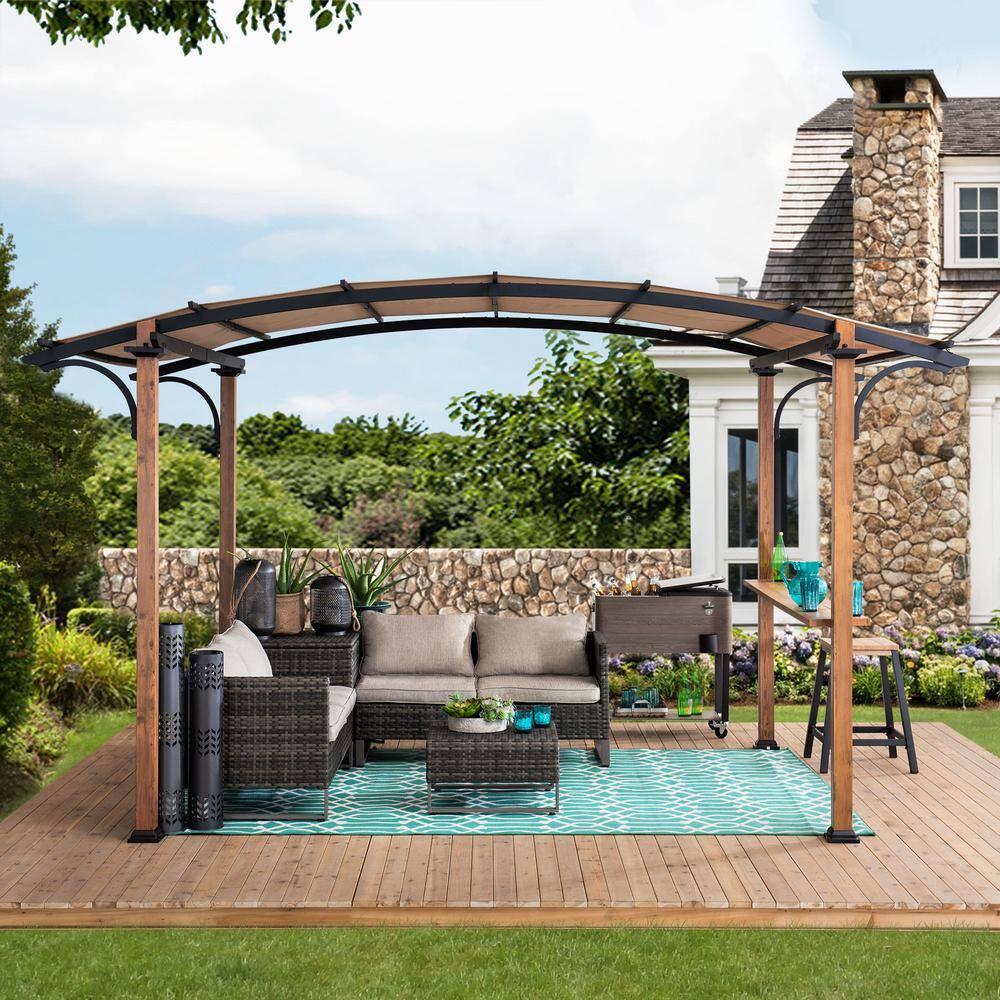 Sunjoy Alamo 8.5 ft. x 13 ft. Steel Arched Pergola with Natural Wood Looking and Tan Shade