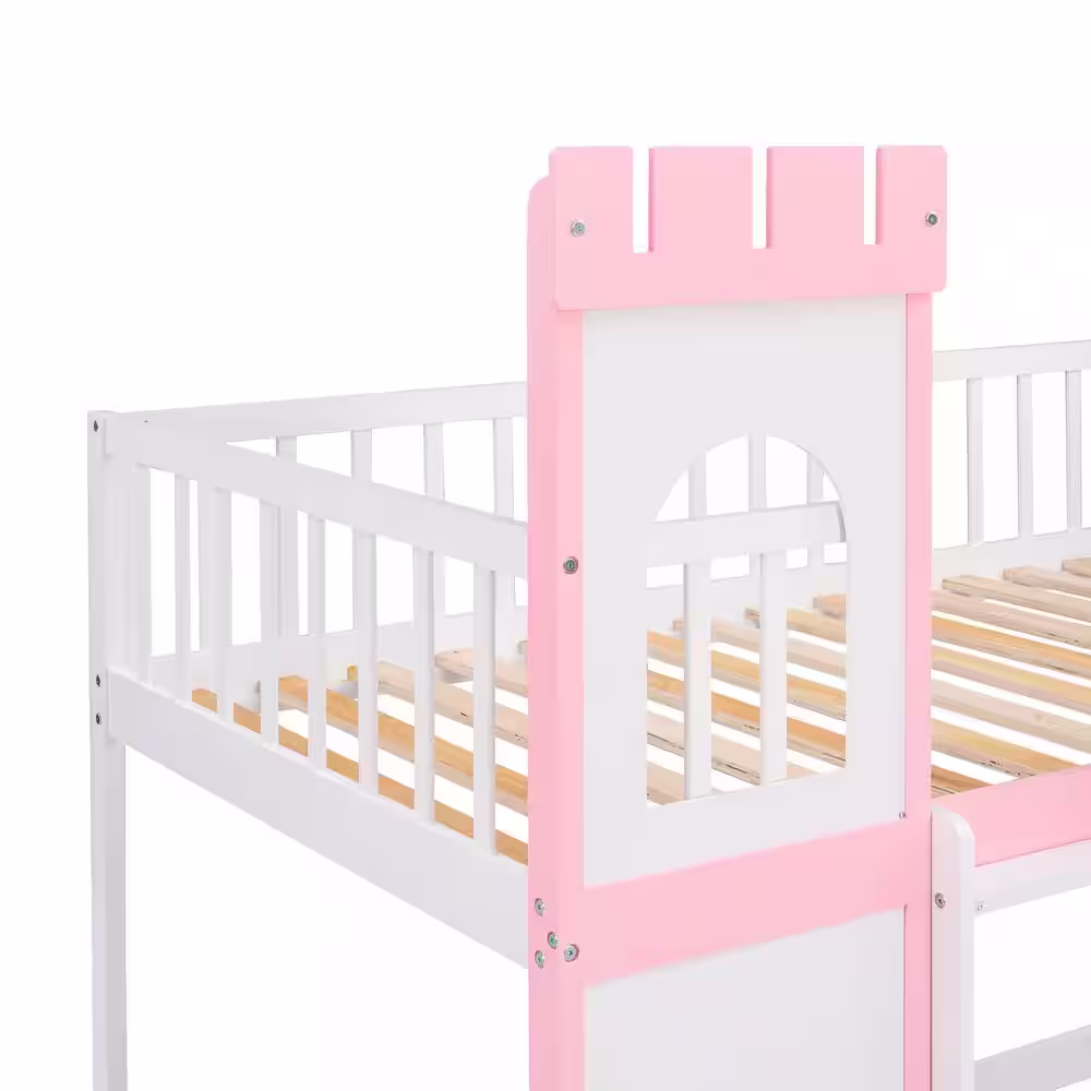 Harper & Bright Designs Pink Twin over Twin Castle Bunk Bed with Ladder