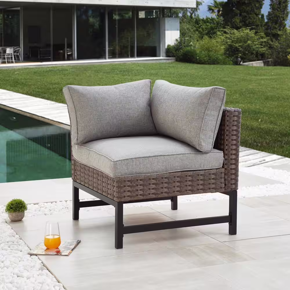 Patio Festival Right-Angle 10-Piece Wicker Patio Conversation Seating Set with Gray Cushions