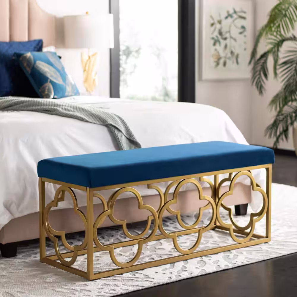 SAFAVIEH Fleur 44 in. Navy/Gold Upholstered Entryway Bench