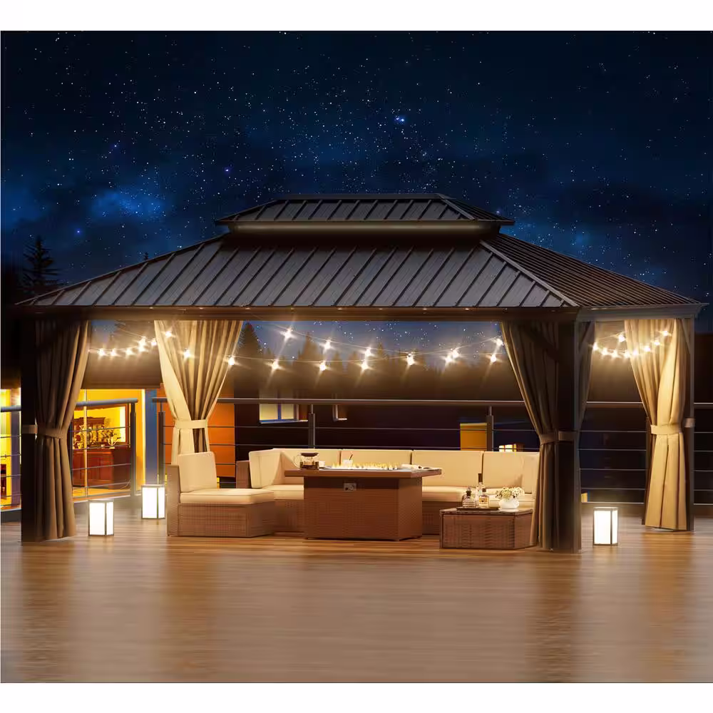 None 12 ft. x 16 ft. Bronze Gold Aluminum Hardtop Gazebo Galvanized Steel Roof with Curtain and Mosquito Net