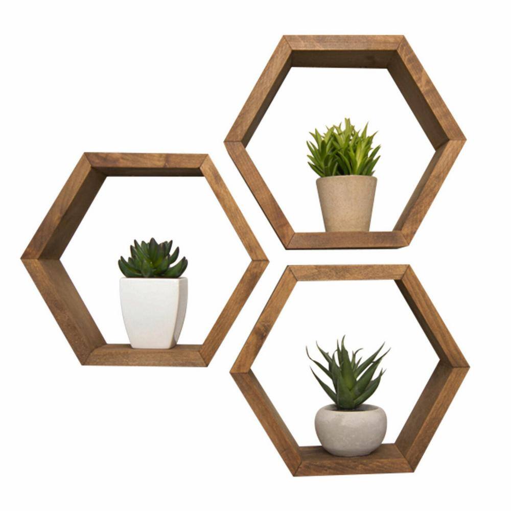 TRINITY Hexagon 4 in. x 11.75 in. x 10.13 in. Walnut Floating Wall Shelves 3-Pack