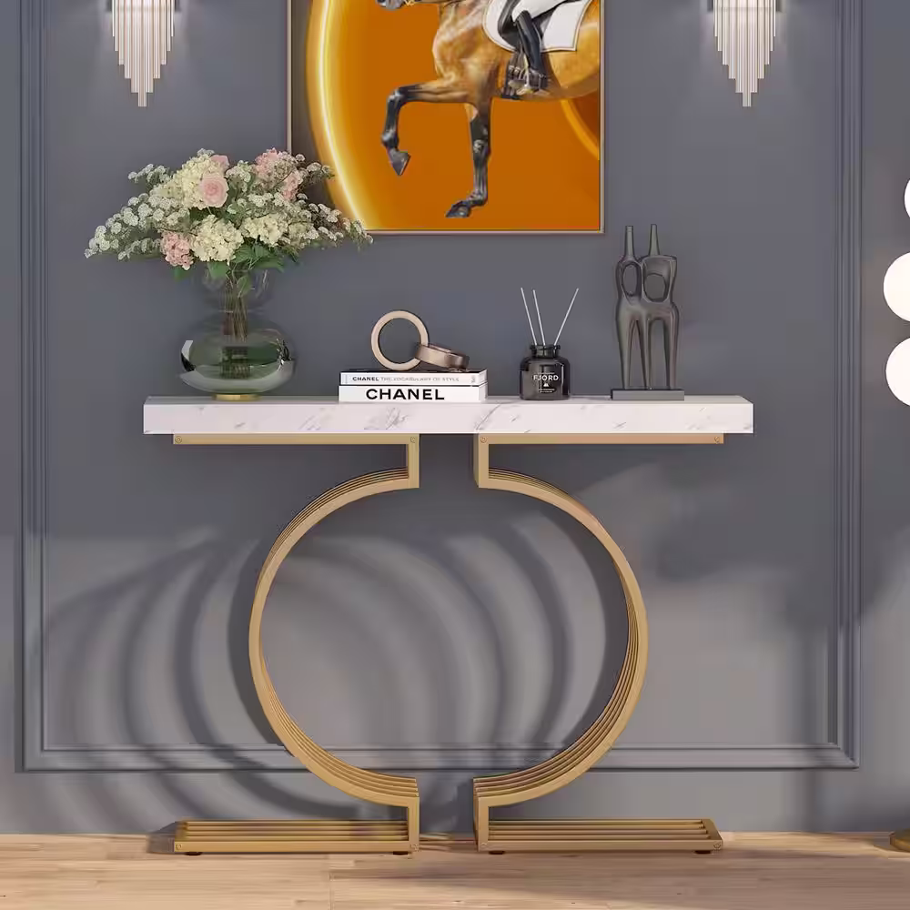 BYBLIGHT Turrella 40 in. Faux Marble White 32 in. Height Rectangle MDF Console Table with Gold Base, Modern Entryway Sofa Table
