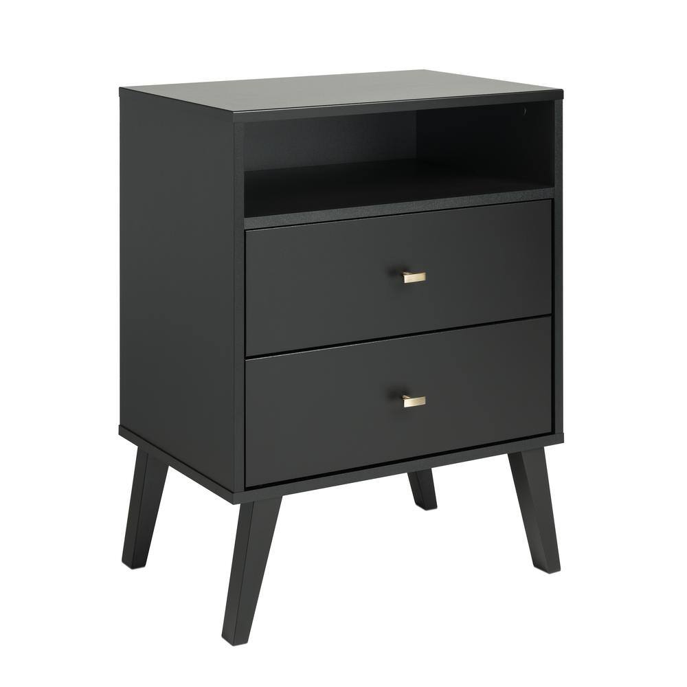 Prepac Milo Mid Century Modern 2-Drawer Black Tall Nightstand with Open Shelf
