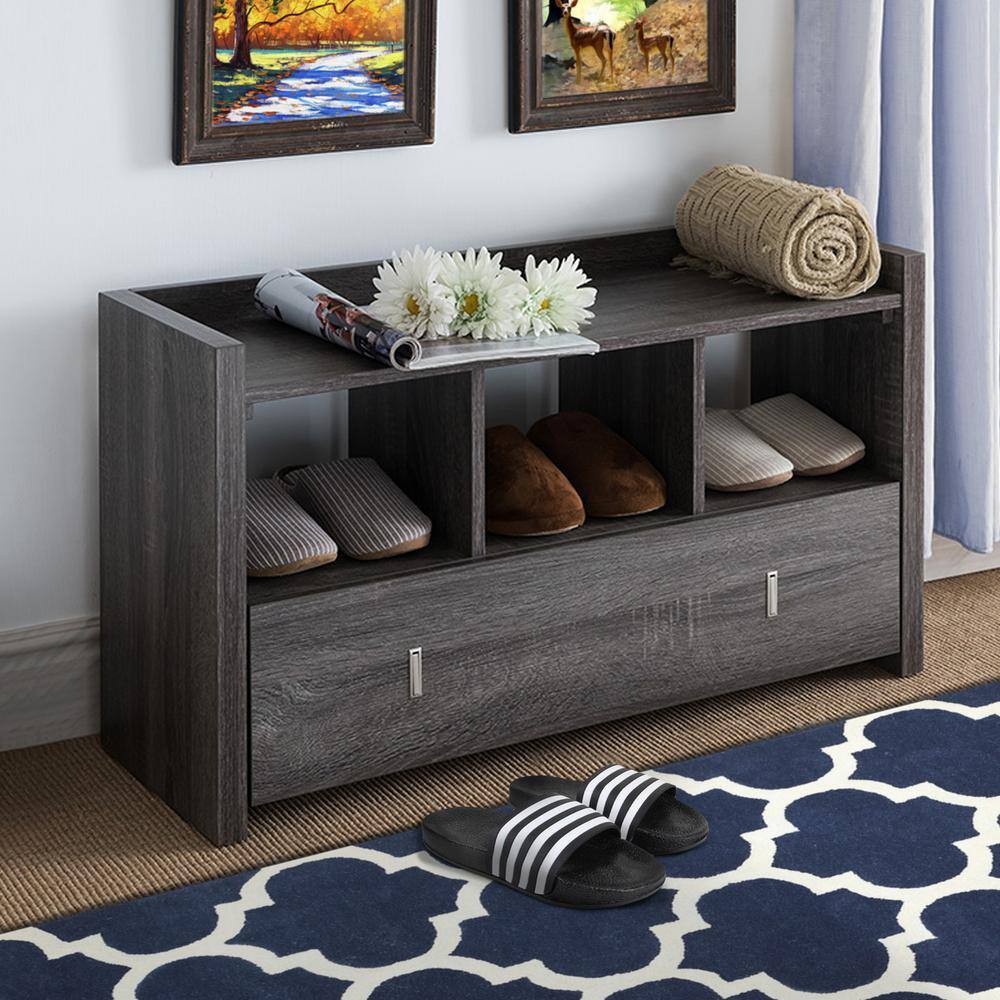 None 18.75 in. H x 34 in. W Gray Wooden Shoe Storage Bench with 3 Shelves