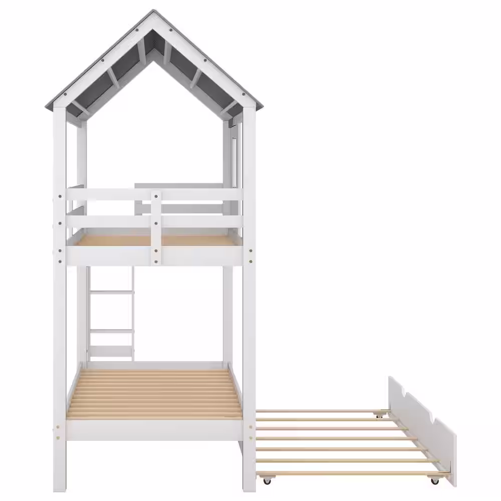 Harper & Bright Designs White Twin over Twin Wood House Bunk Bed with Trundle, Ladder, Roof and Windows