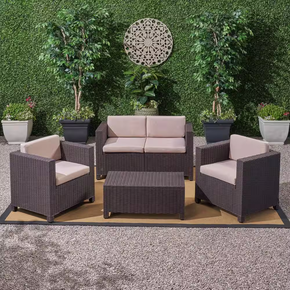 Noble House Primrose Dark Brown 4-Piece All Weather Faux Rattan Patio Conversation Set with Beige Cushions