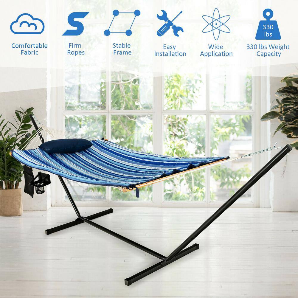 None 11.67 ft. Portable Hammock Chair Stand Set Cotton Swing with Pillow Cup Holder Indoor Outdoor