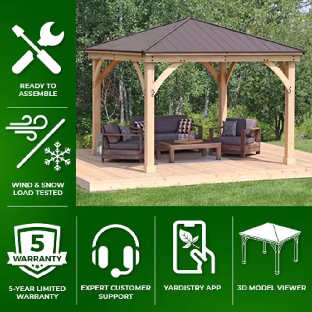 Yardistry Meridian 12 ft. x 12 ft. Premium Cedar Outdoor Patio Shade Gazebo with Architectural Posts and Brown Aluminum Roof