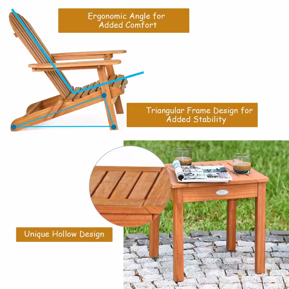 Costway 3 Piece Wooden Adirondack Patio Conversation Chair Table Set Folding Seat Furniture Garden