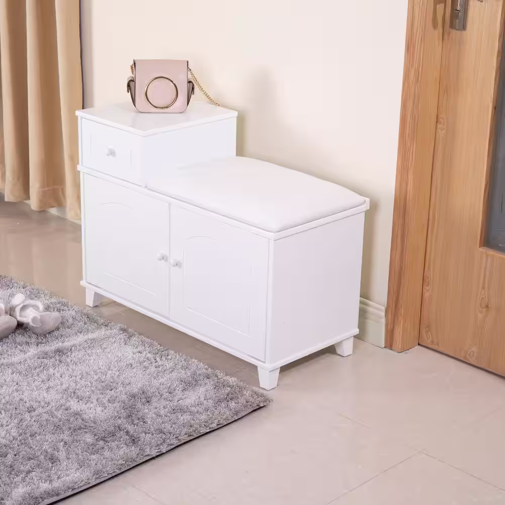 Aoibox 23.62 in. H x 31.50 in. W White Wood Shoe Storage Bench, Shoe Ottoman Cabinet with Drawer and Cushion