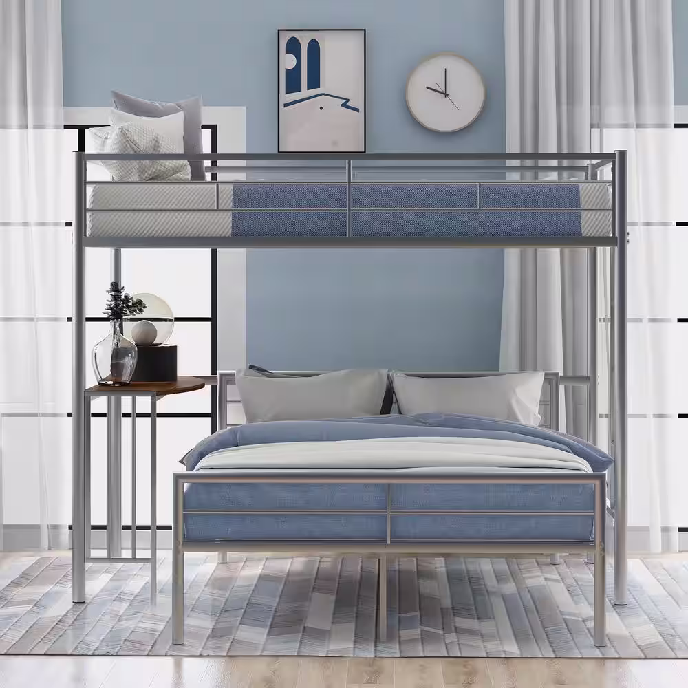 Polibi Twin Over Full Metal Bunk Bed in Silver with Desk, Ladder and Quality Slats