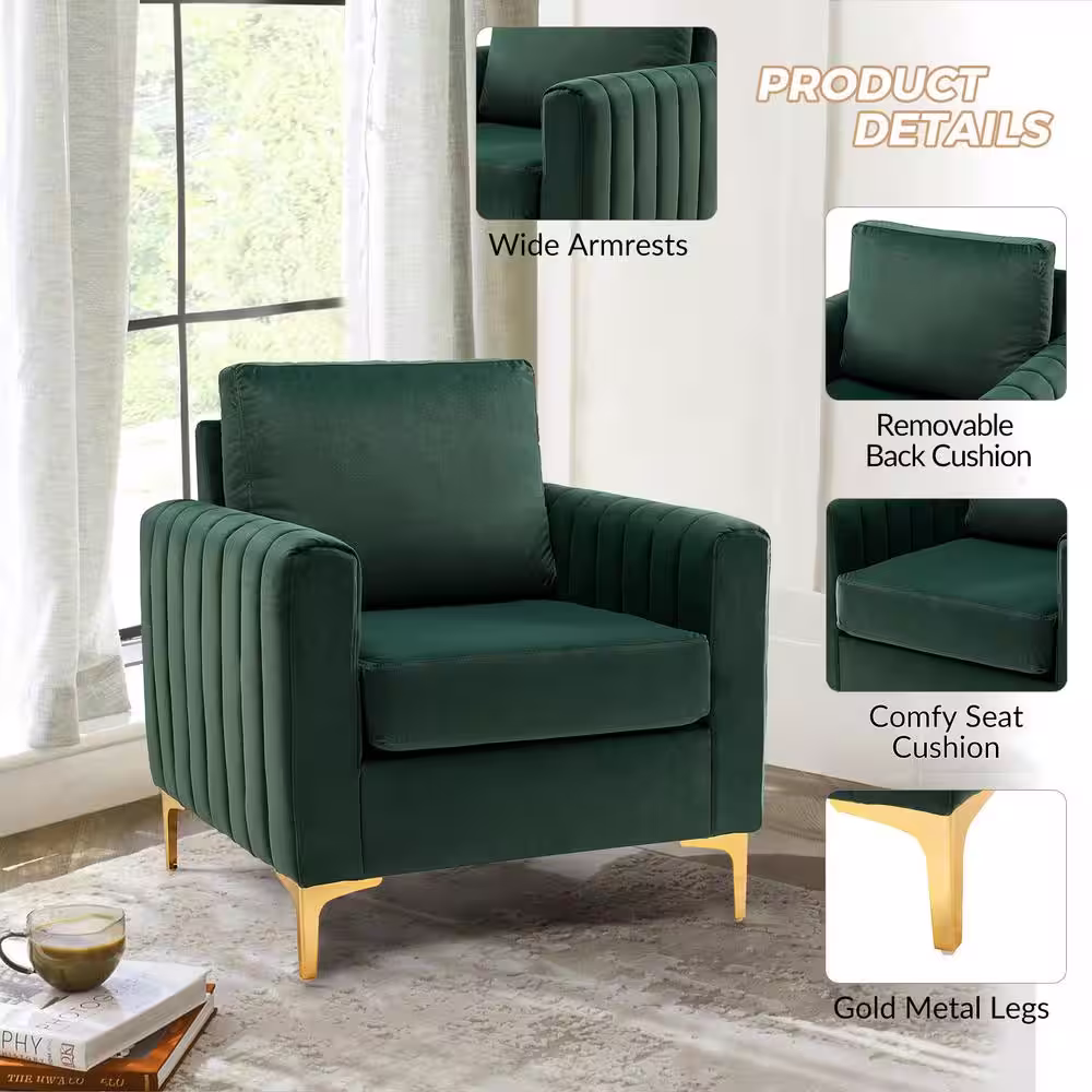 JAYDEN CREATION Ennomus Modern Green Velvet Cushion Back Club Chair with Golden Metal Legs and Track Arms (Set of 2)