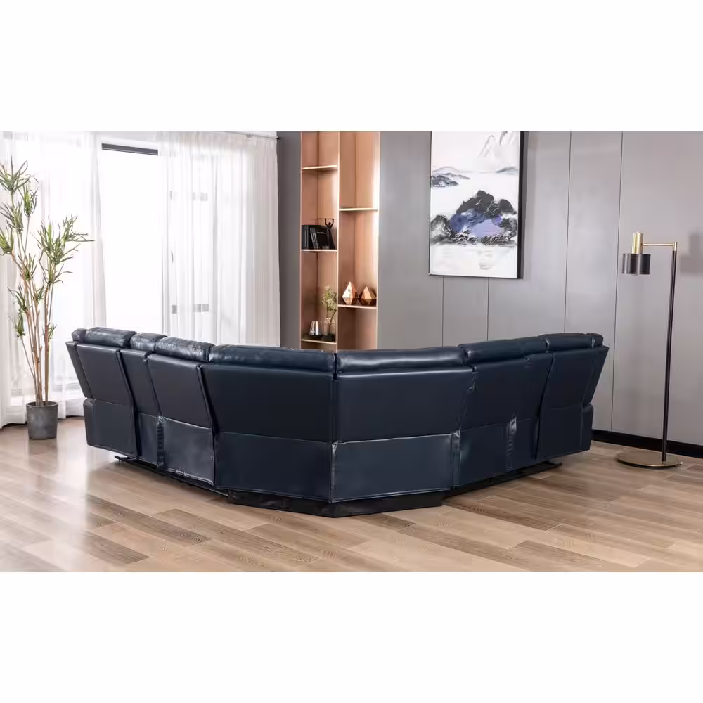 None NHI 110 in. W Pillow Top Arm Vegan Leather 3-Piece L-Shaped Sectional Sofa in Dark Blue