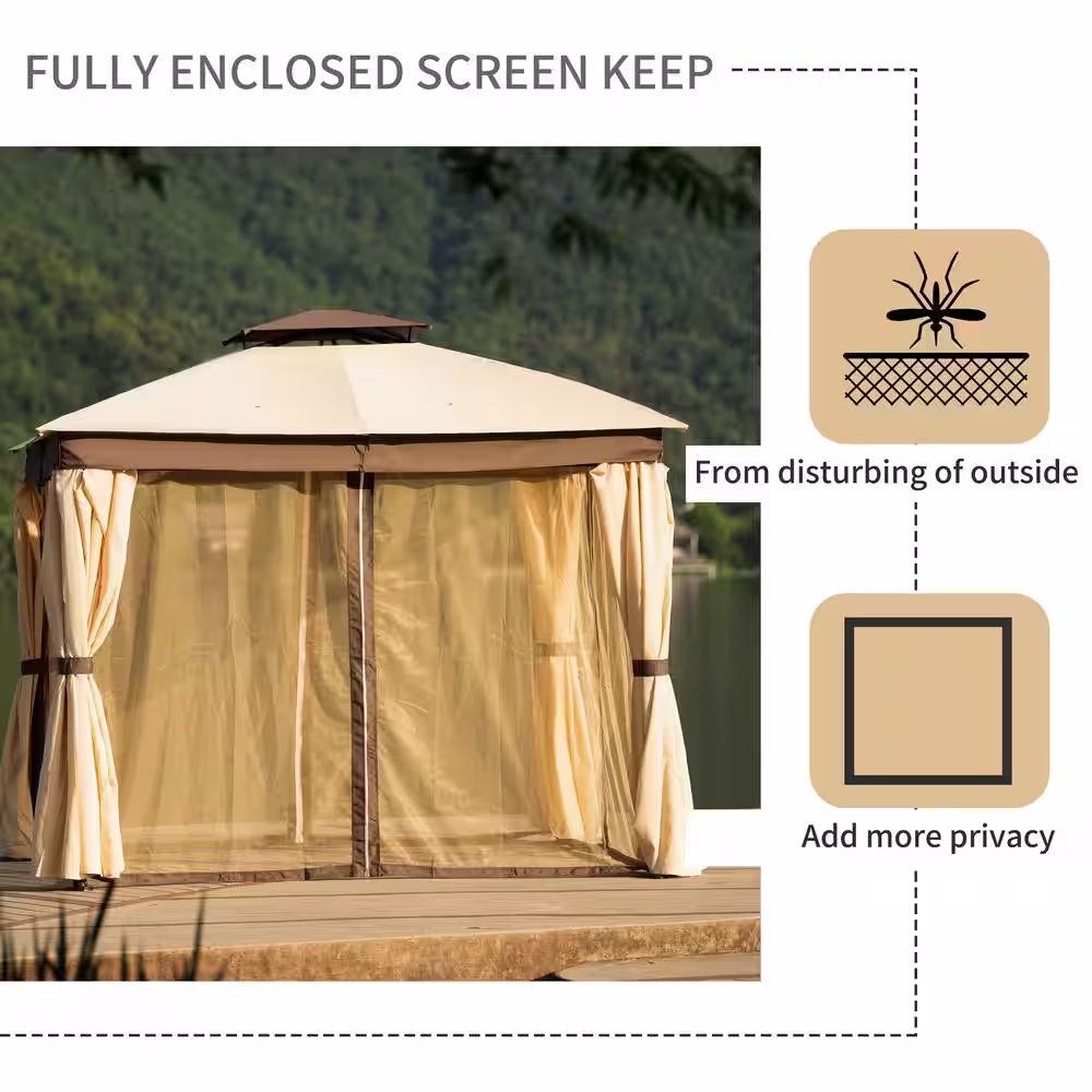 None 10 ft. x 10 ft. Khaki Gazebo Canopy Soft Top Outdoor Patio Gazebo Tent Garden Canopy for Your Yard