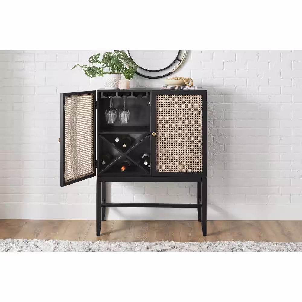 StyleWell Odell Cane Accent Bar Cabinet with Removable Wine Rack in Black/Rattan (36