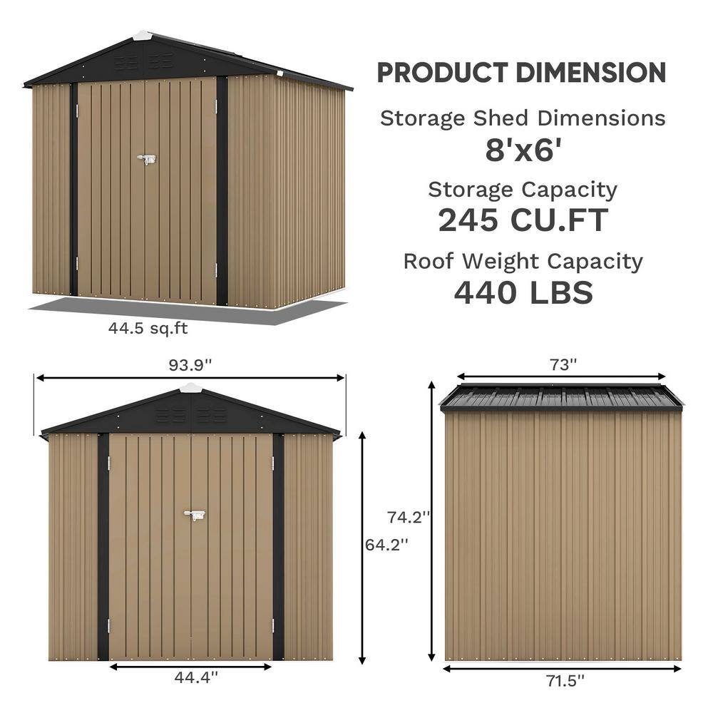 Patiowell 8 ft. W x 6 ft. D Outdoor Storage Brown Metal Shed with Sloping Roof and Double Lockable Door (44.5 sq. ft.)