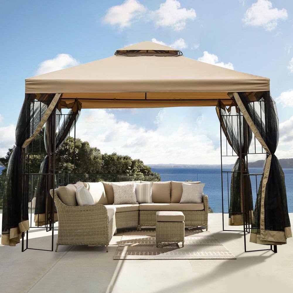 None Patio 10 ft. x 10 ft. Beige Garden Canopy Gazebo with With Ventilated Double Roof And Mosquito Net