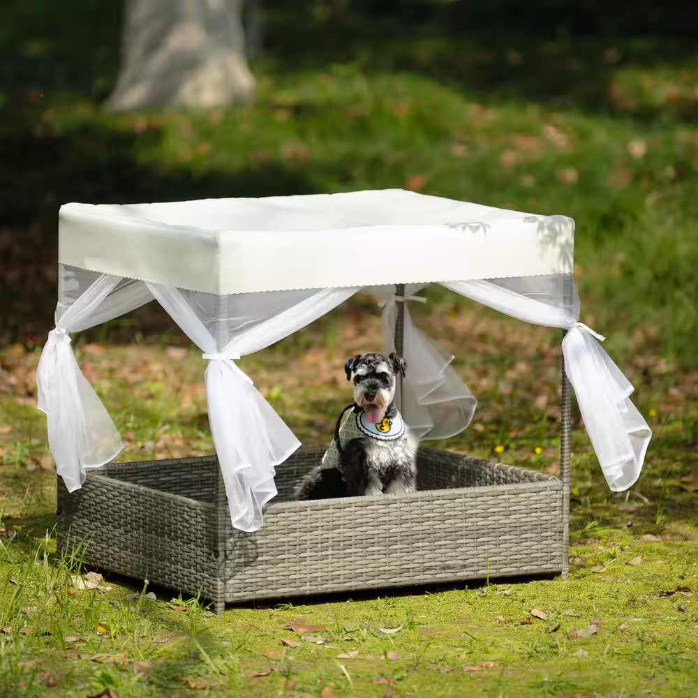 None Medium Dark Grey Outdoor Pet Furniture Seasonal PE Wicker Pet Patio Furniture, Dog Bed with Curtain