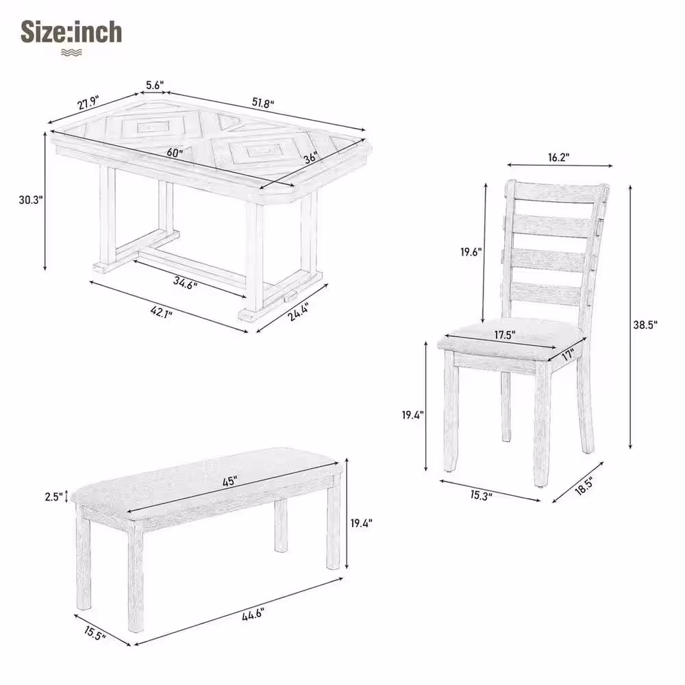 Magic Home 6-Piece Rubber Wood Kitchen Dining Table Set with Wood Grain Tabletop, Wood Veneer Chairs and Bench, Natural Wood Wash
