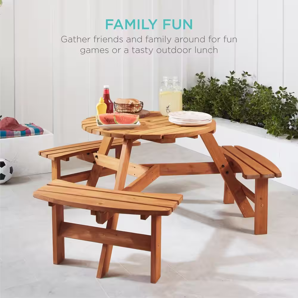 Best Choice Products 6-Person Natural Circular Wooden Picnic Table w/ Umbrella Hole, 3-Benches