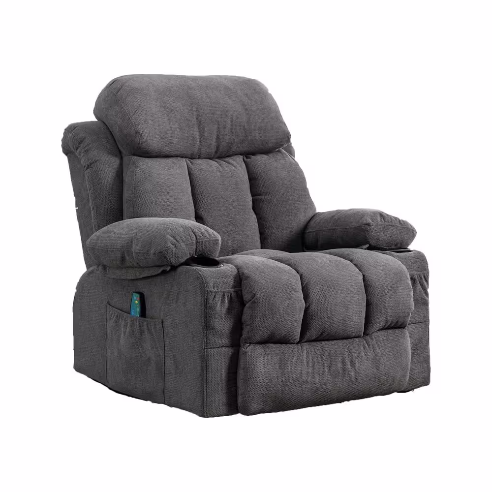 None Gray Fabric Swinging Recliner Chair Massage Heated Sofa, with USB and 2-Cup Holders in Side Pockets