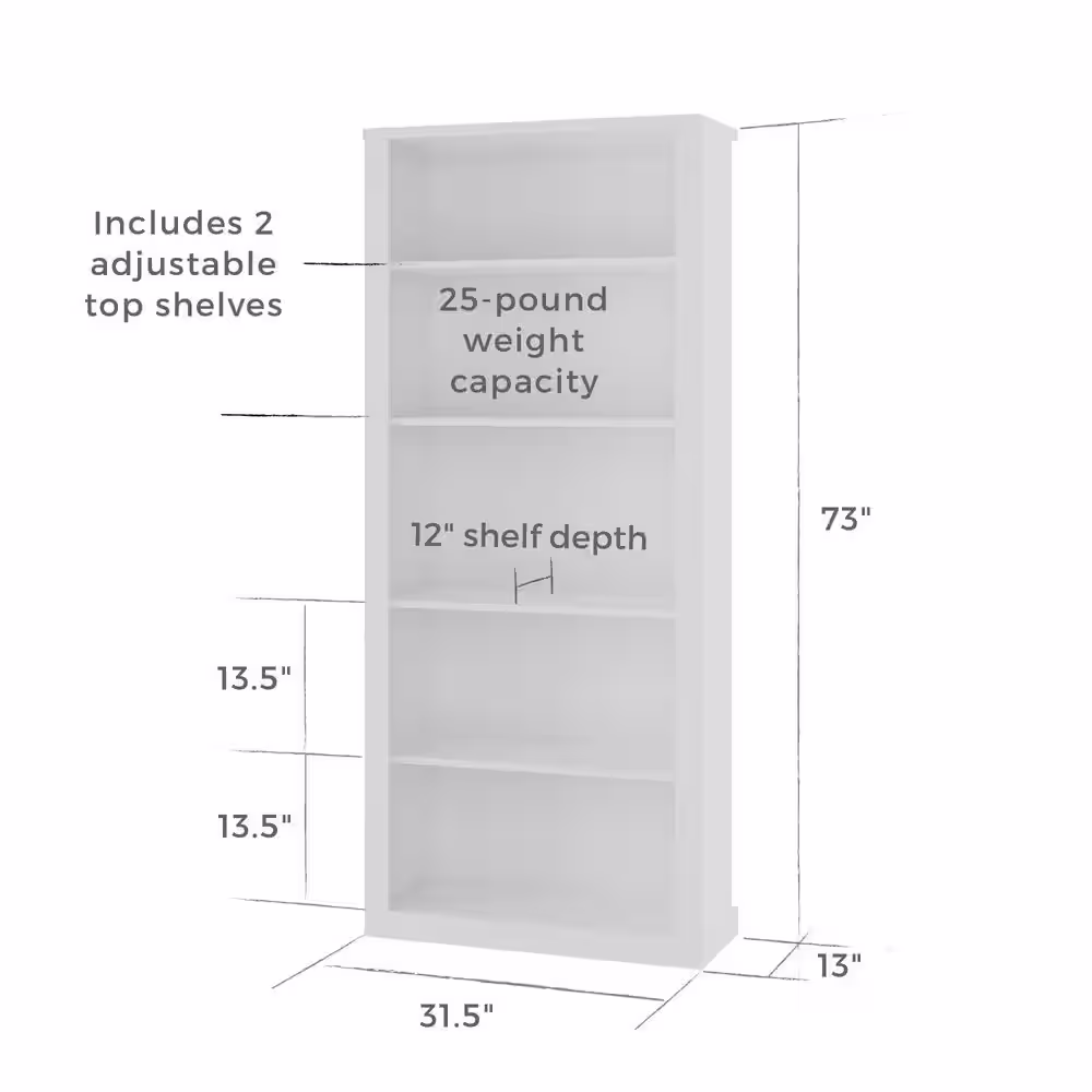 Brookside Elaine 72 in. White Wood 5-Shelf Standard Bookcase with Adjustable Shelves