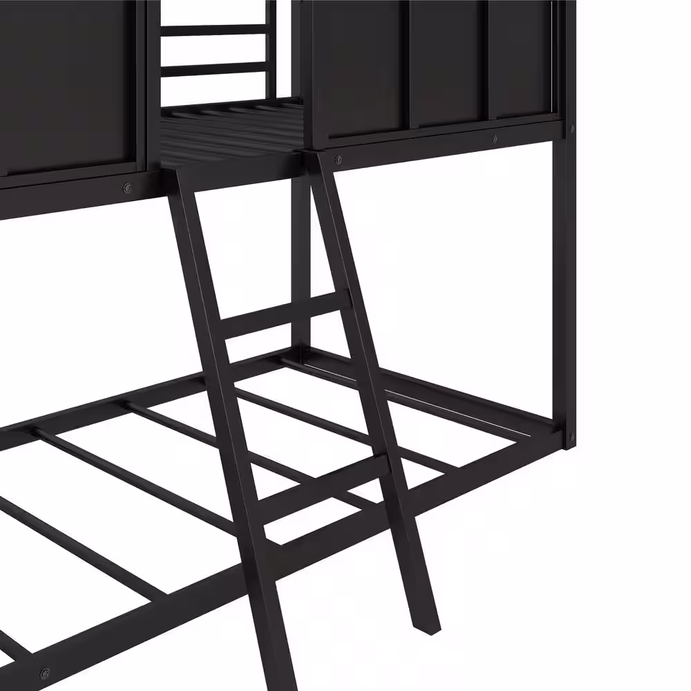 Harper & Bright Designs Black Twin over Twin Metal Bunk Bed with Roof and Fence-shaped Guardrail