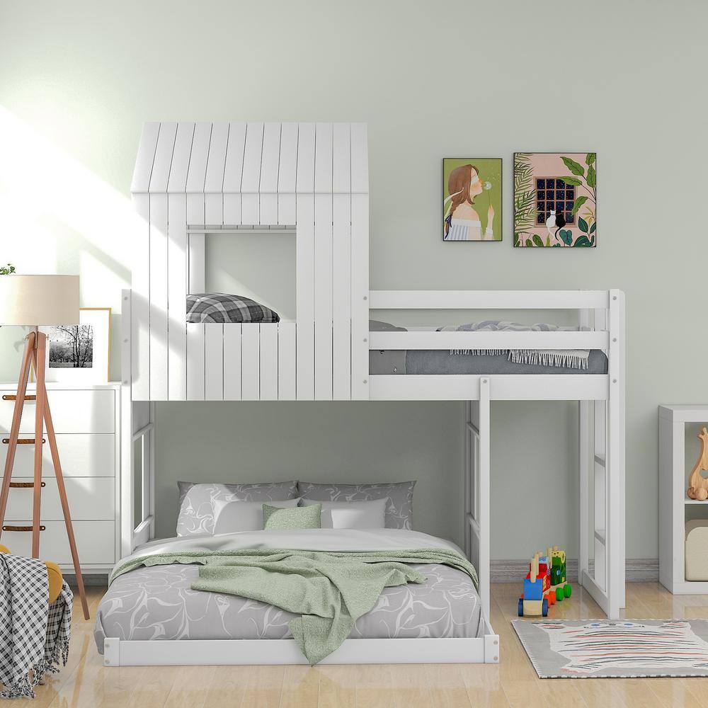 Harper & Bright Designs White Twin Over Full Wooden Playhouse Bunk Bed with Ladder and Guardrails