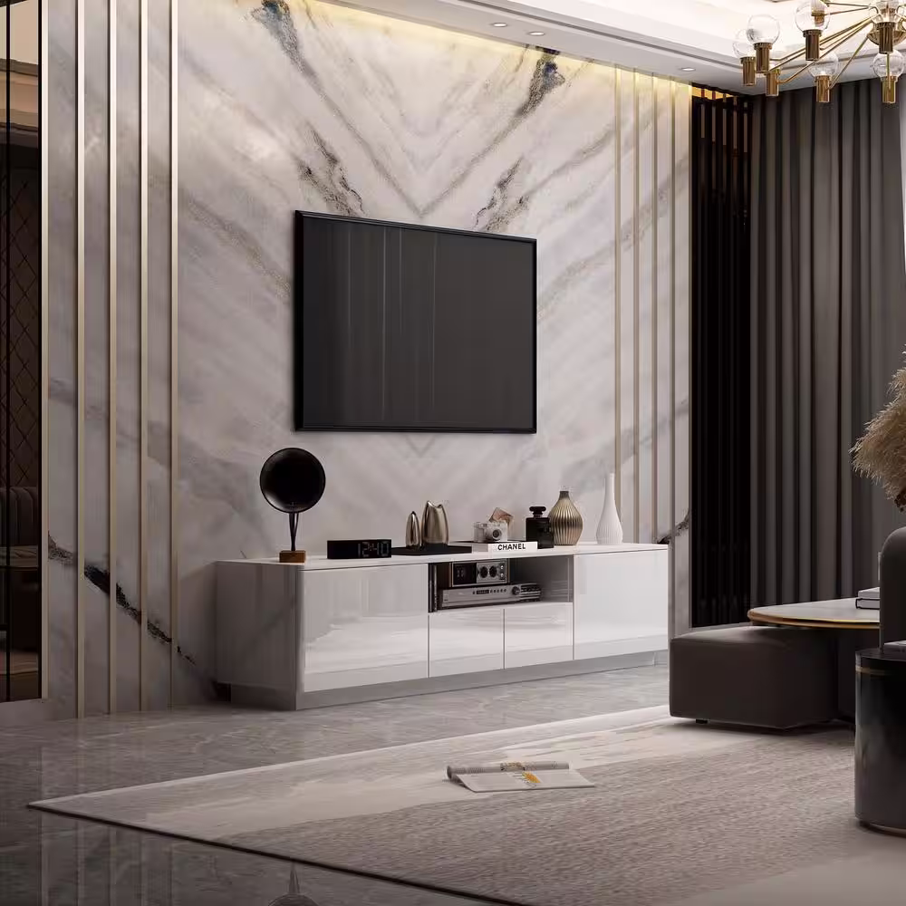 FUFU&GAGA 70.8 in. W x 14.5 in. D x17.3 in. H, White Smooth Finished Wooden Table up to 75 in. with 4-Drawers and 1 Shelf