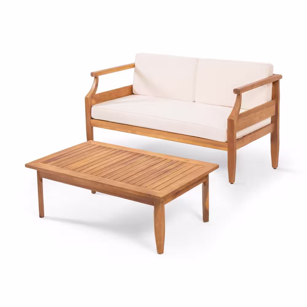 Noble House Aston Teak Brown 2-Piece Wood Patio Conversation Seating Set with Cream Cushions