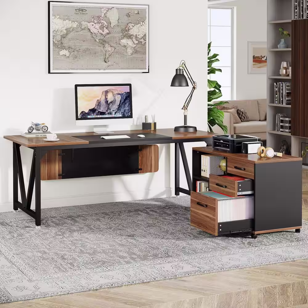 Tribesigns Cassey 70.8 in. Executive Desk with 35.4 in. File Cabinet Combo, L-Shaped Computer Desk Set, Brown