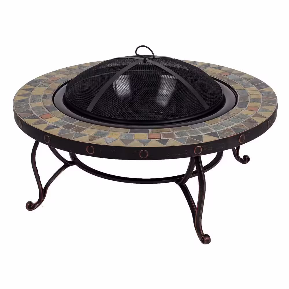 Pleasant Hearth Juniper Slate Top 34 in. W x 19.6 in. H Round Steel Wood Burning Rubbed Bronze Fire Pit