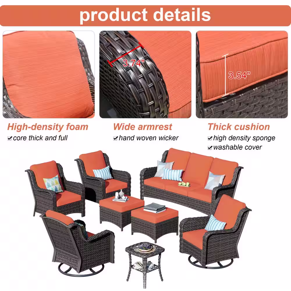HOOOWOOO Grinnell Brown 8-Piece Wicker Outdoor Patio Conversation Sofa Set with Swivel Rocking Chairs and Orange Red Cushions
