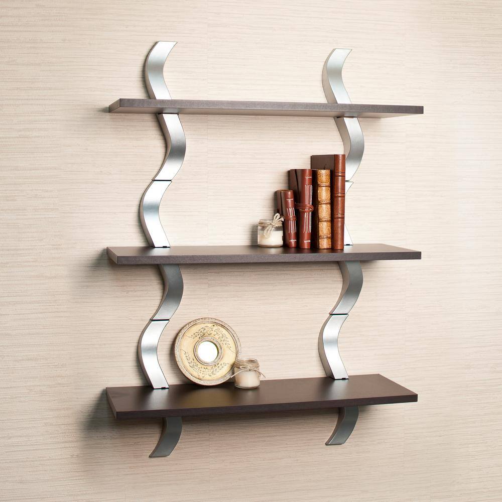 DANYA B Contempo Waves 27.5 in. W x 40 in. H Walnut Grain Laminated MDF and Silver ABS Three Level Shelving System