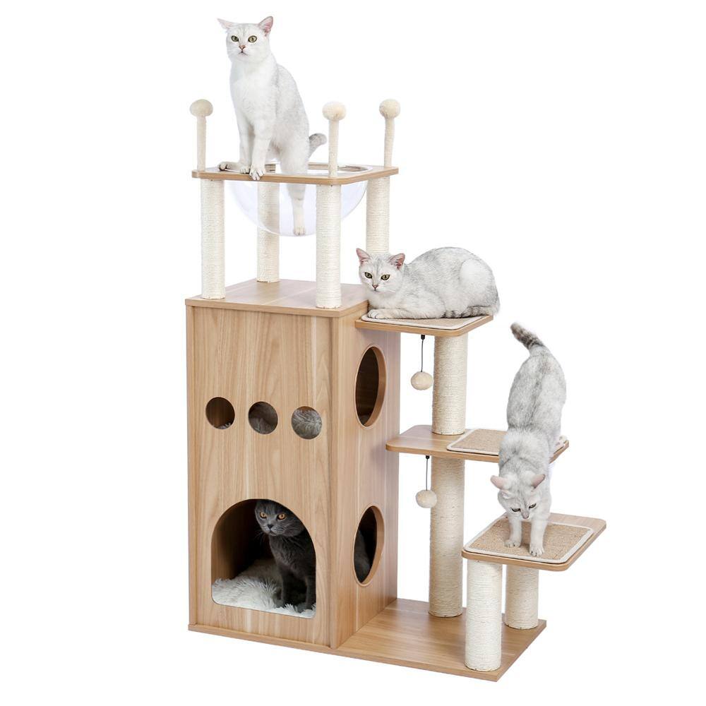Foobrues 51.20 in. H Pet Cat Scratching Posts and Trees MDF Cat Tower with Fully Sisal Covering Scratching Posts in Beige