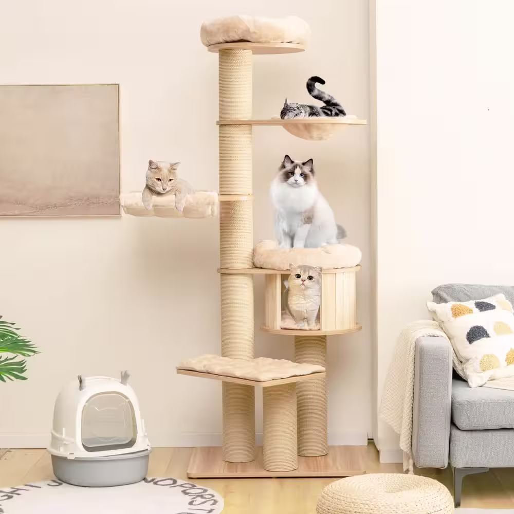 ANGELES HOME Wood Modern Tall Cat Tree Tower with Scratch Posts and Washable Mats