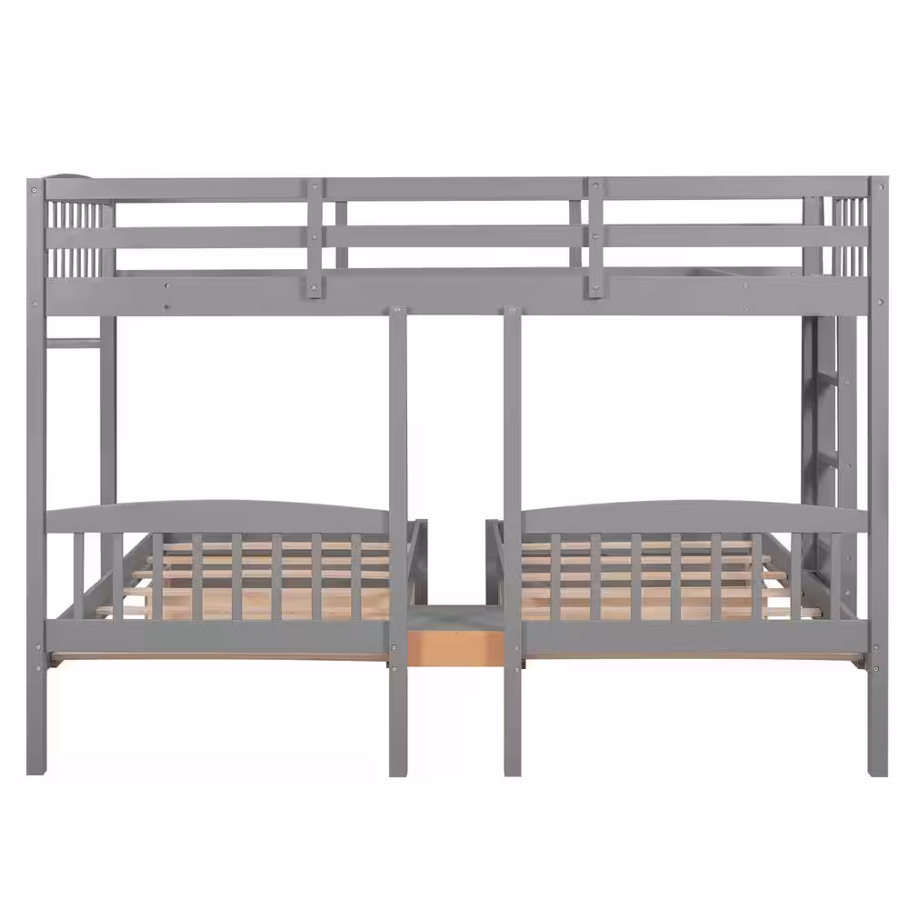 Qualler Gray Twin Over Twin and Twin Bunk Bed with Built-in Middle Drawer