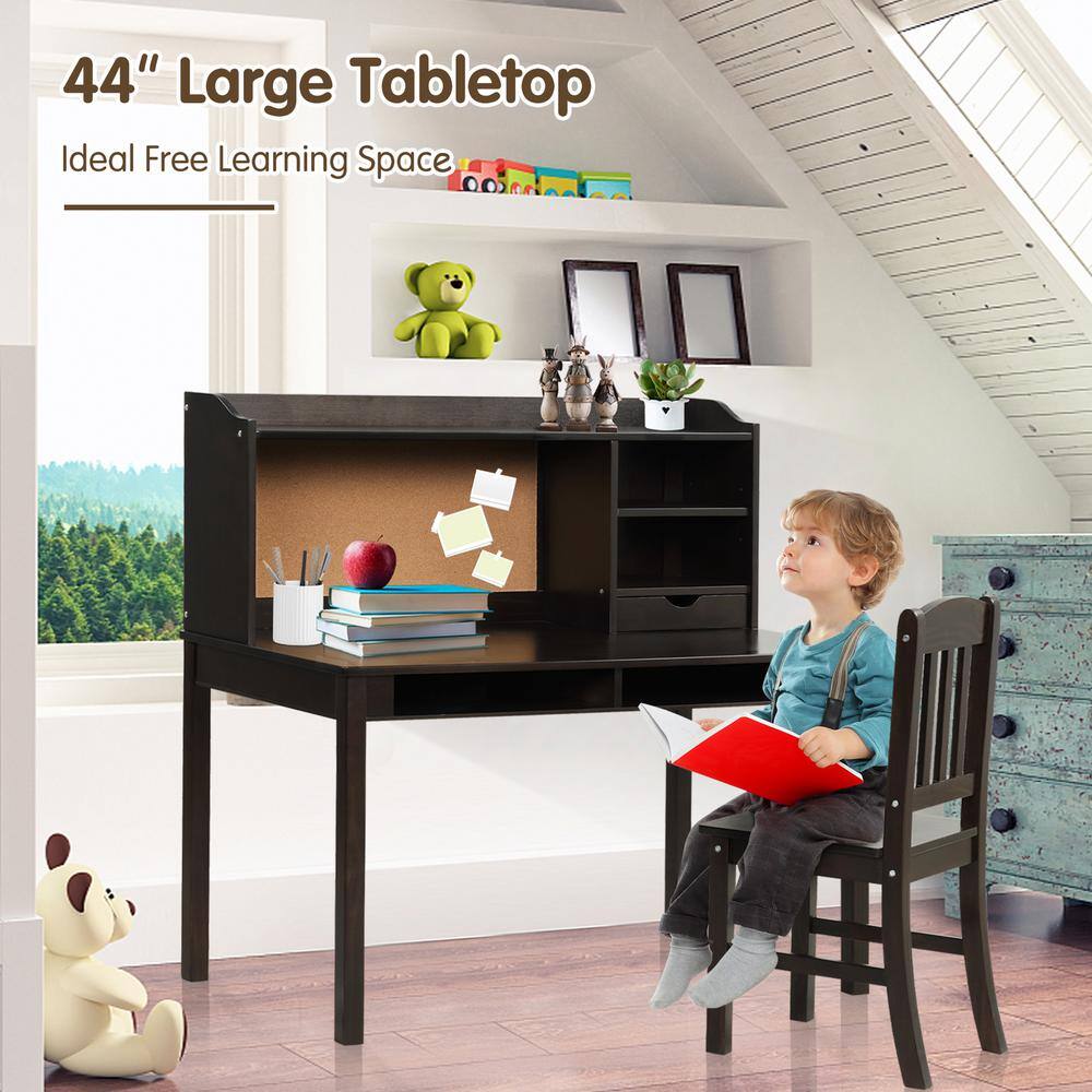 Costway 44 in. Kids Desk and Chair Set Study Writing Desk with Hutch and Bookshelves Brown 2-Piece