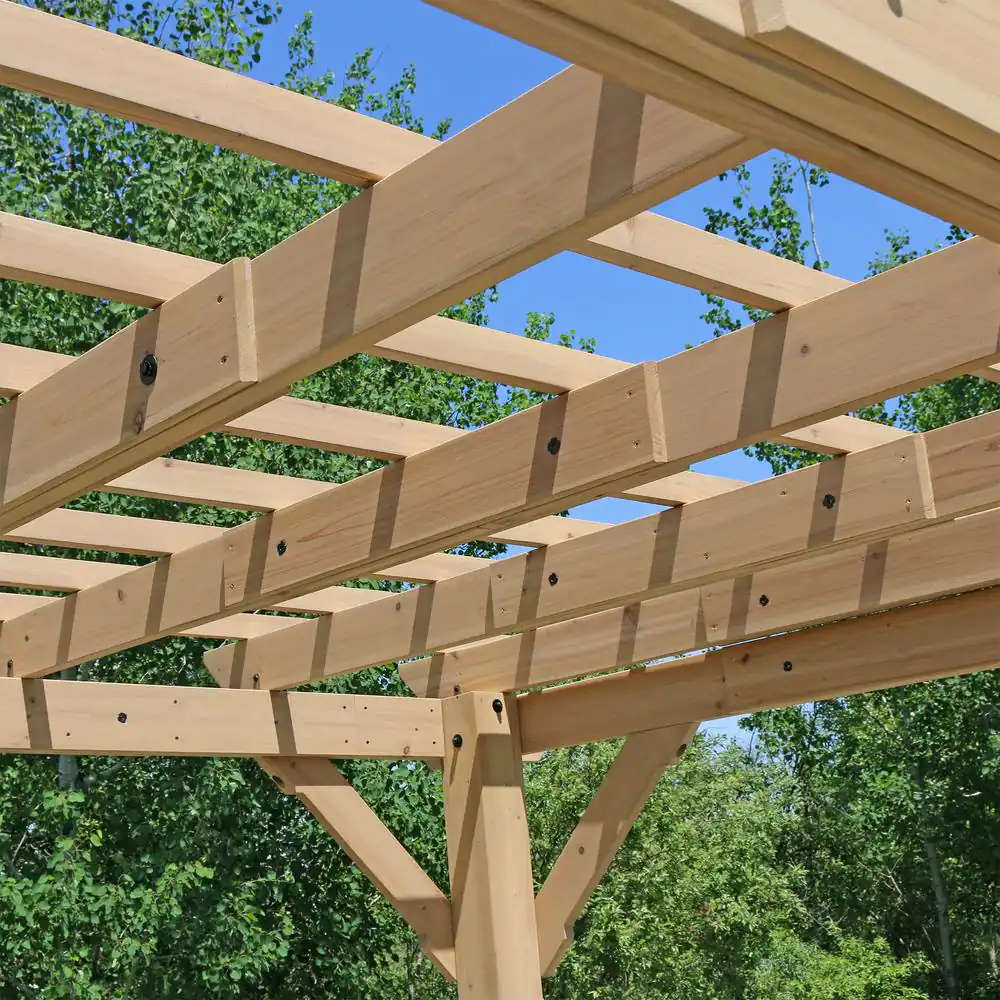 Yardistry Meridian 10 ft. x 12 ft. Cedar Backyard Pergola with Stylish Architectural Posts and Multilevel Crisscross Trellis Roof