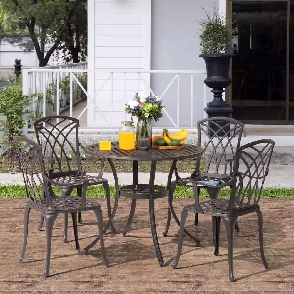 Nuu Garden 5-Piece Cast Aluminum Outdoor Dining Set with Umbrella Hole Patio Furniture Set with Round Table, Antique Bronze