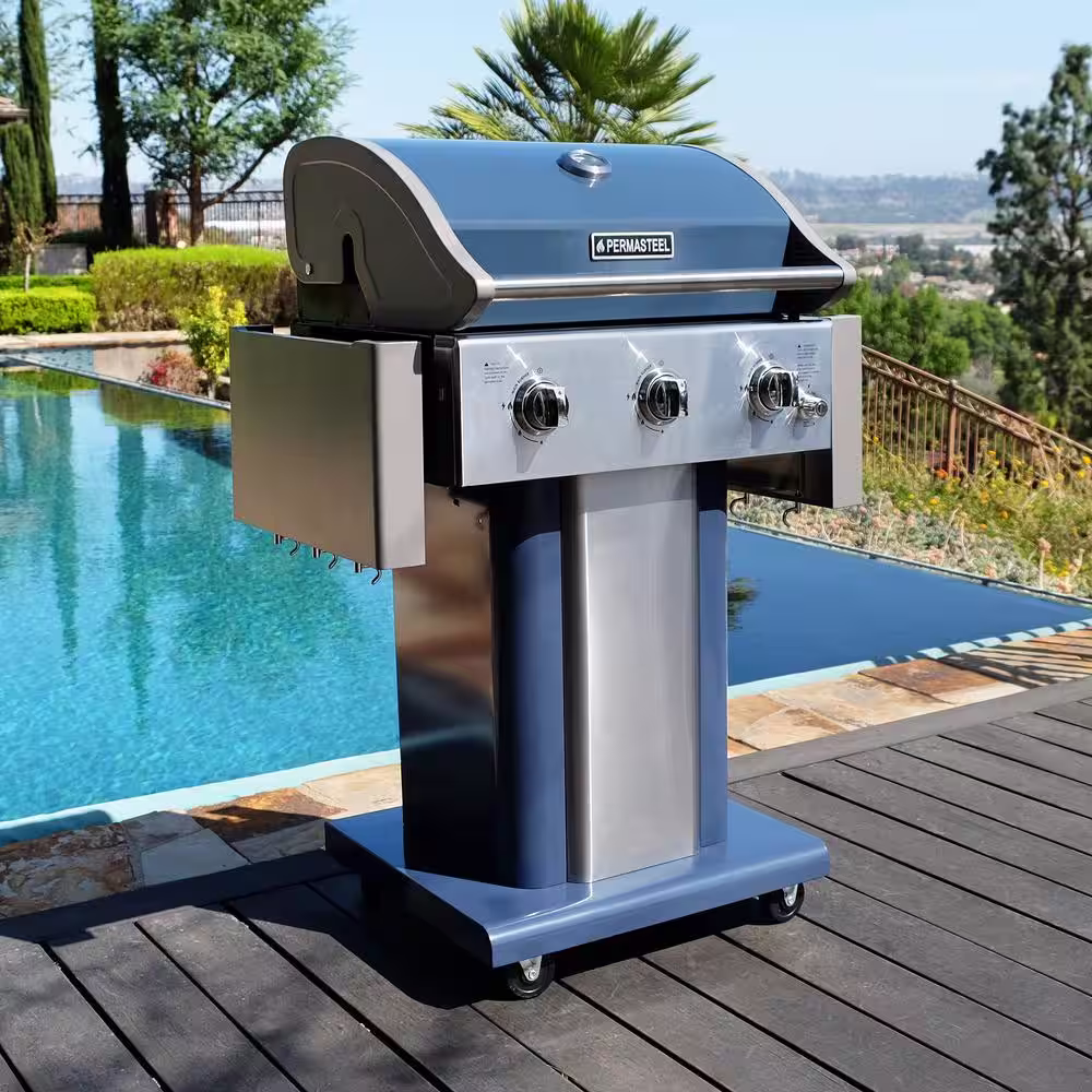 PERMASTEEL 3-Burner Pedestal Propane Gas Grill in Azure with Side Hooks