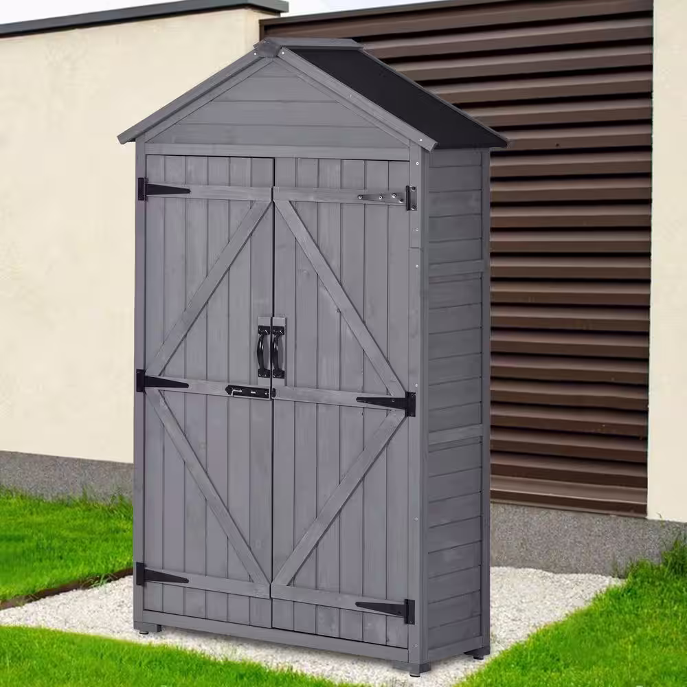 Tunearary Gray 5.8 ft. W x 3 ft. D Outdoor Storage Wood Shed with Double Door, 3-Tier Shelves for Backyard, 5 sq. ft.