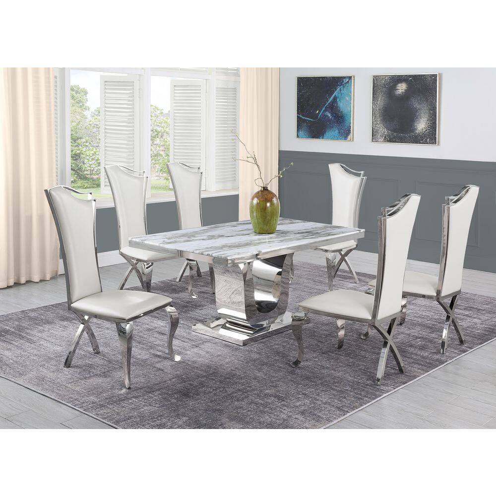 None Ada 7-Piece White Marble Top with Stainless Steel Base Table Set with 6-Long Back White Faux Leather Chairs