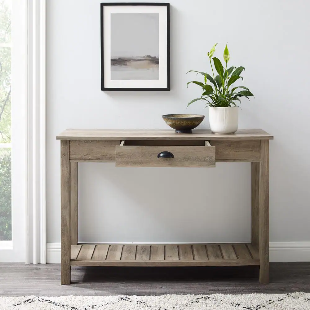 Walker Edison Furniture Company Country 48 in. Gray Wash Standard Rectangle Wood Console Table with Drawers